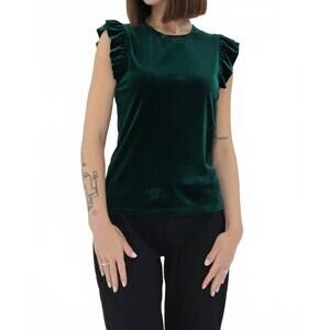 NEW ANOTHER LOVE north ruffle trimmed sleeve velvet tank top in rainforest